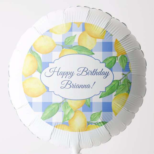 Lemon Blue Gingham Summer Birthday Balloon (Front)