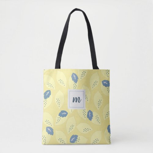 Lemon  Blue Gray Leaf Pattern Monogram Tote Bag