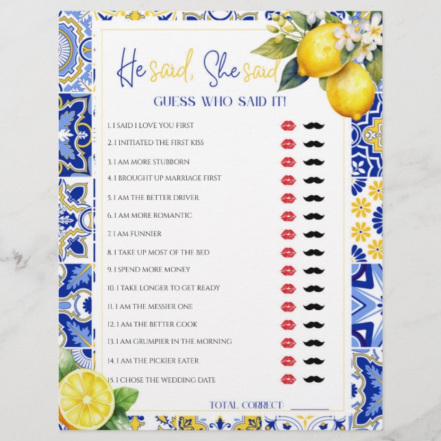 Lemon Blue He Said She Said Bridal Shower Game (Front)