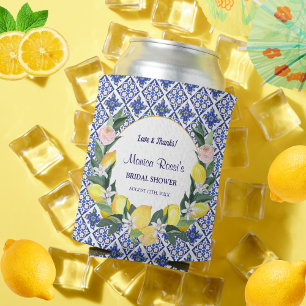Lemon Blue Italian Tiles Bridal Shower Party Name Can Cooler