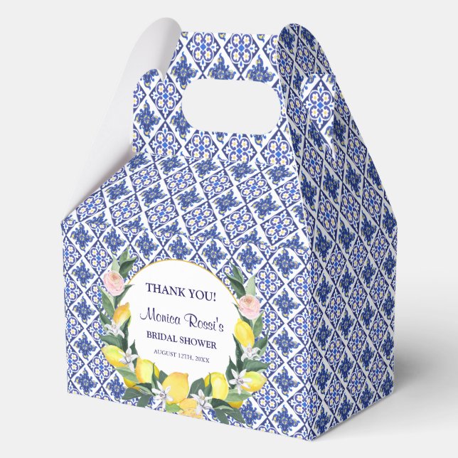 Lemon Blue Italian Tiles Bridal Shower Thank You  Favor Boxes (Front)
