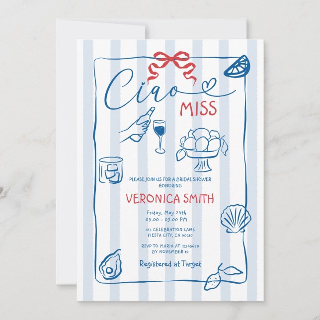 Lemon Blue Italy Ciao Miss Bridal Shower Invitation (Front)