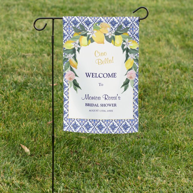 Lemon Blue Italy Tiles Bridal Shower Summer Party  Garden Flag (Creator Uploaded)