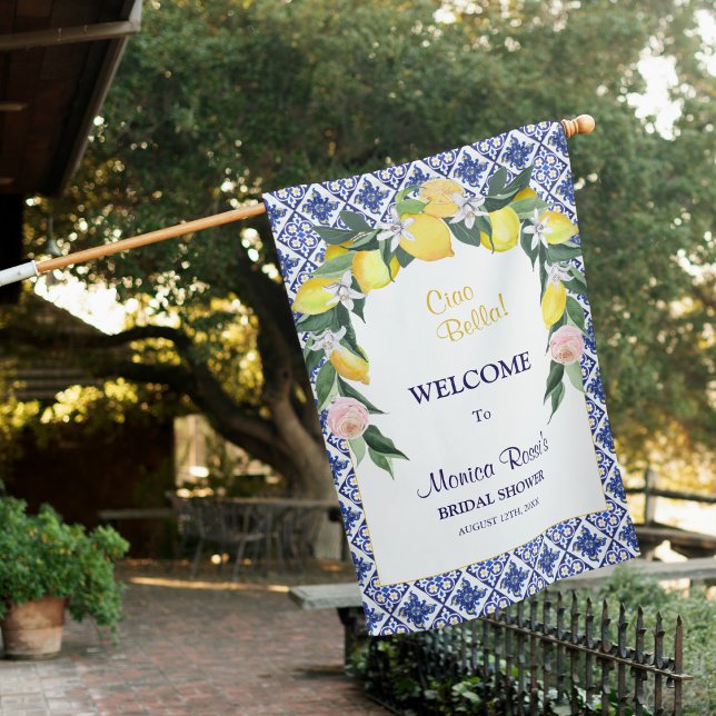 Lemon Blue Italy Tiles Bridal Shower Summer Party  House Flag (Creator Uploaded)