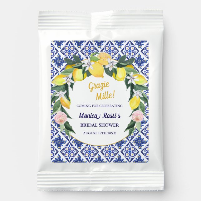 Lemon Blue Italy Tiles Grazie Mille Bridal Shower Lemonade Drink Mix (Front)