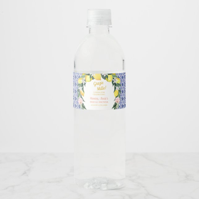 Lemon Blue Italy Tiles Grazie Mille Bridal Shower Water Bottle Label (Front)
