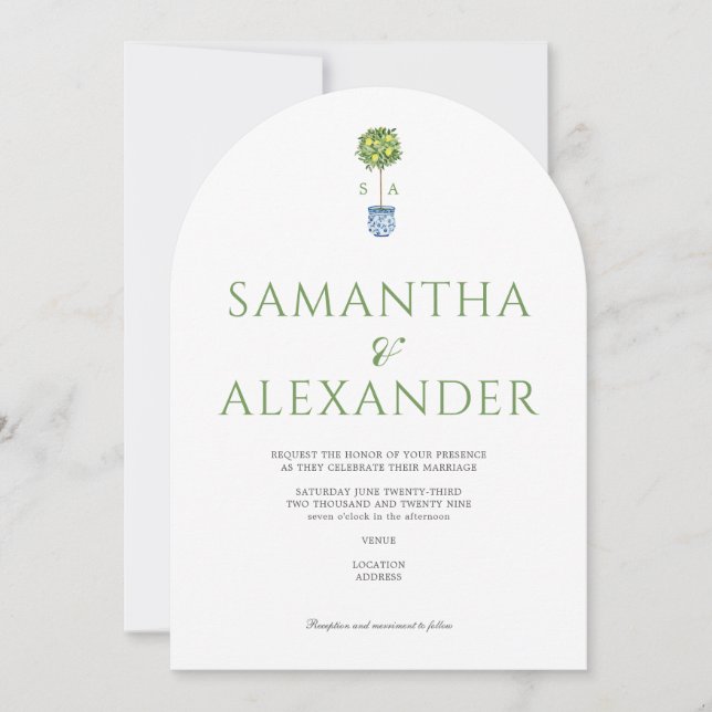 Lemon Blue Mediteranean Garden Green Wedding Invitation (Front)