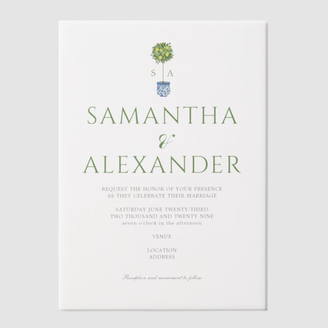 Lemon Blue Mediteranean Garden Green Wedding Vellum Invitations (Front)