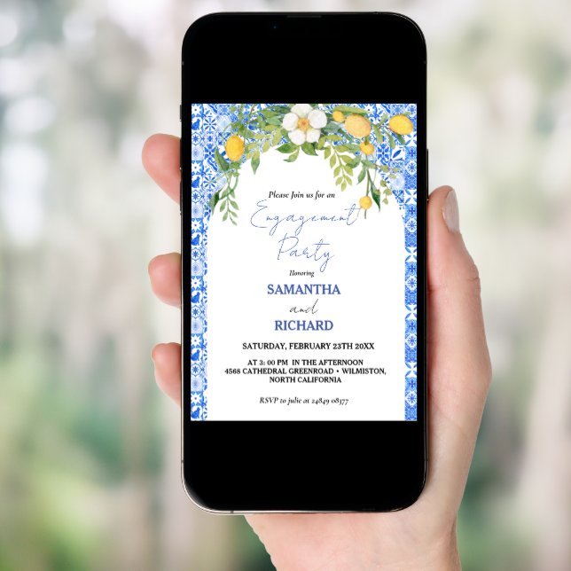  Lemon Blue Mediterranean Italian Engagement Party Invitation (Front Digital)