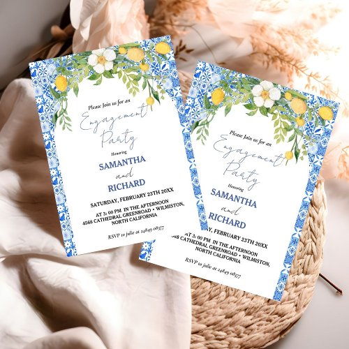  Lemon Blue Mediterranean Italian Engagement Party Invitation