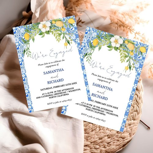  Lemon Blue Mediterranean Italian Engagement Party Invitation