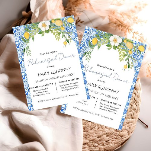  Lemon Blue Mediterranean Italian Rehearsal Dinner Invitation