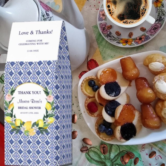 Lemon Blue Mediterranean Italy Tiles Bridal Shower Roasted Coffee (Creator Uploaded)