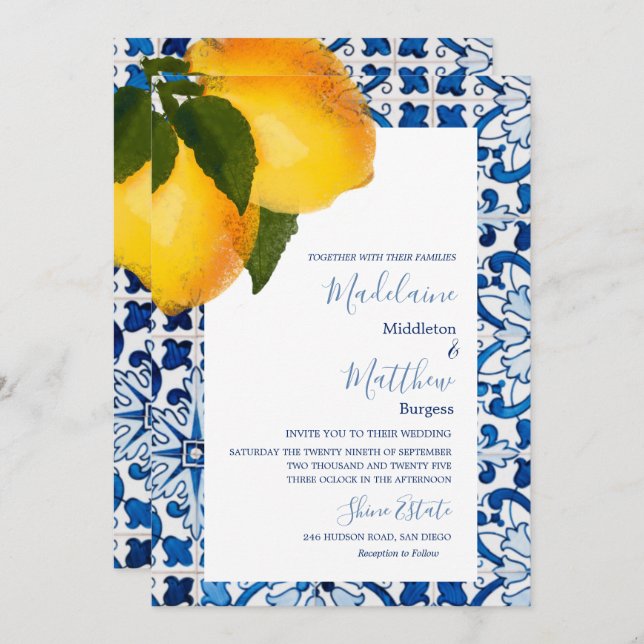 Lemon Blue Mediterranean Tile Chic Stylish Wedding Invitation (Front/Back)