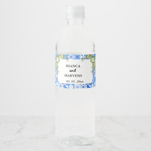 Lemon Blue Mediterranean tile Italian Wedding Water Bottle Label