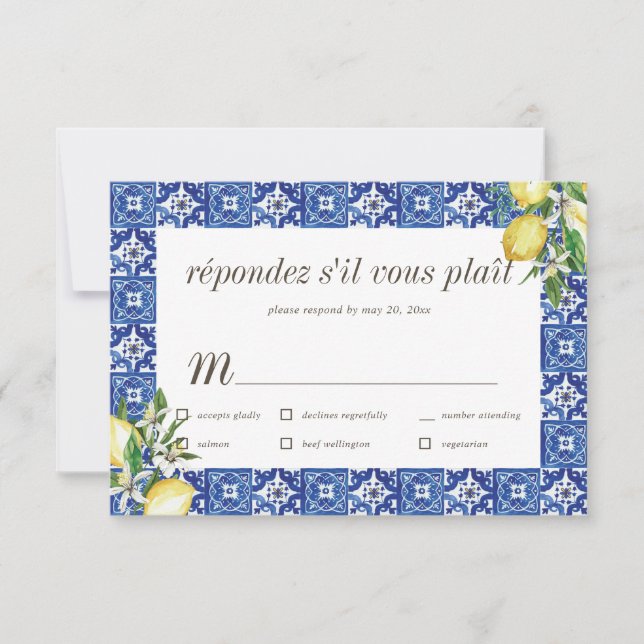 Lemon Blue Mediterranean Wedding  RSVP Meal Card (Front)
