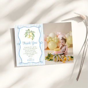 Lemon Blue Stripes Birthday Flat Thank You Card