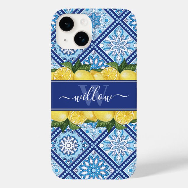 Lemon Blue Tile Backsplash Monogram Case-Mate iPhone Case (Back)