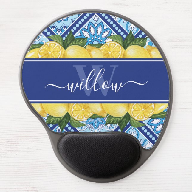 Lemon Blue Tile Backsplash Monogram Gel Mouse Pad (Front)
