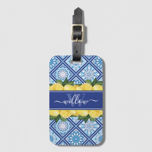 Lemon Blue Tile Backsplash Monogram Luggage Tag