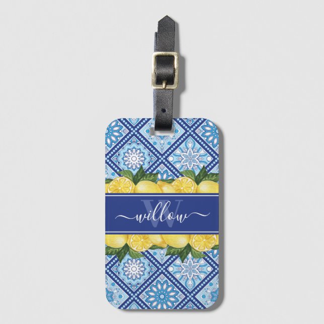 Lemon Blue Tile Backsplash Monogram Luggage Tag (Front Vertical)