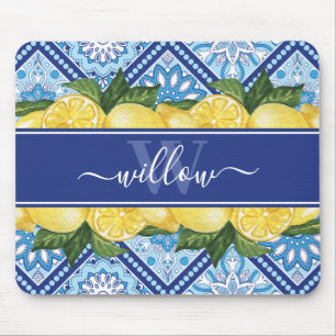 Lemon Blue Tile Backsplash Monogram Mouse Pad