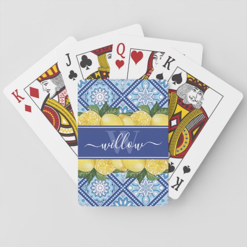 Lemon Blue Tile Backsplash Monogram Poker Cards
