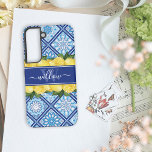 Lemon Blue Tile Backsplash Monogram Samsung Galaxy S22 Case<br><div class="desc">Stylish Lemons and Mediterranean Blue Tiles Monogrammed Galaxy Case. Unique and trendy watercolor lemons, greenery leaves on a blue tile background with a custom monogram template and elegant calligraphy script name template. This pretty green, yellow, blue and white botanical galaxy s22 phone cover would make a thoughtful gift for mom,...</div>