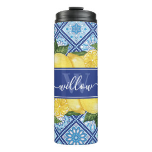Lemon Blue Tile Backsplash Monogram Thermal Tumbler