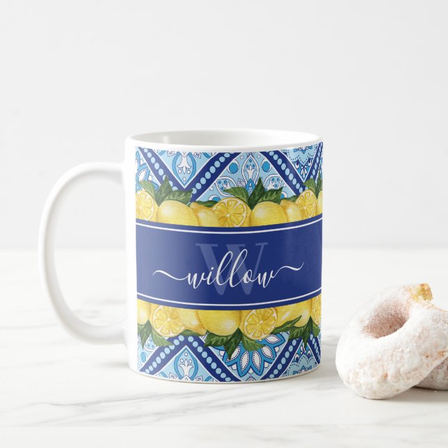 Lemon Blue Tile Backsplash Name Monogram Coffee Mug (With Donut)