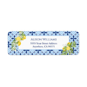 Lemon Blue Tile Greenery Return Address Label