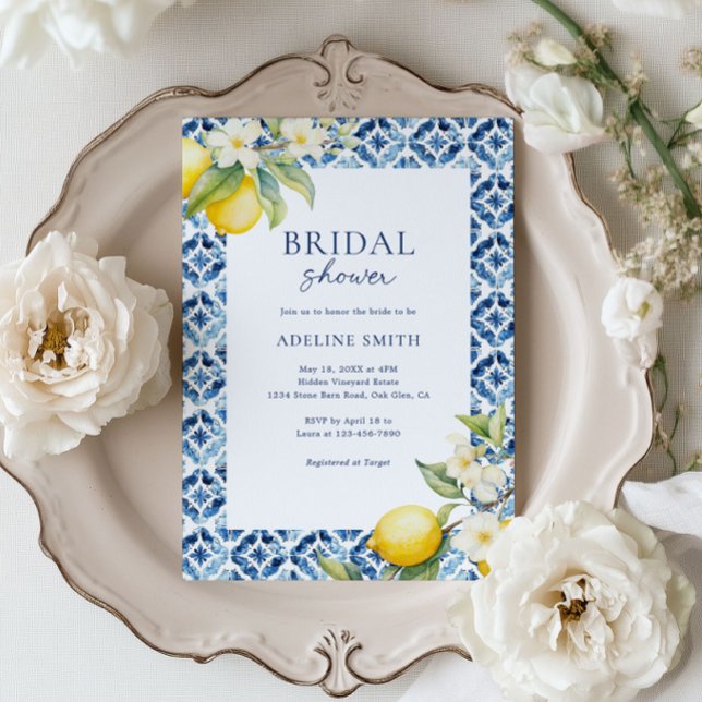 Lemon Blue Tile Italian Summer Bridal Shower Invitation (Creator Uploaded)