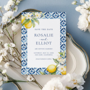 Lemon Blue Tile Mediterranean Save The Date Invitation