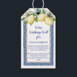 Lemon Blue Tile Wine Wishing Well Bridal Shower Gift Tags<br><div class="desc">Ask your guests to participate in a wine wishing well with the Lemon themed gift tag. It is bordered with Mediterranean blue tiles and a thin gold frame. Lemons and white flowers nestled in green leaves decorate the top. All of the text is editable.</div>