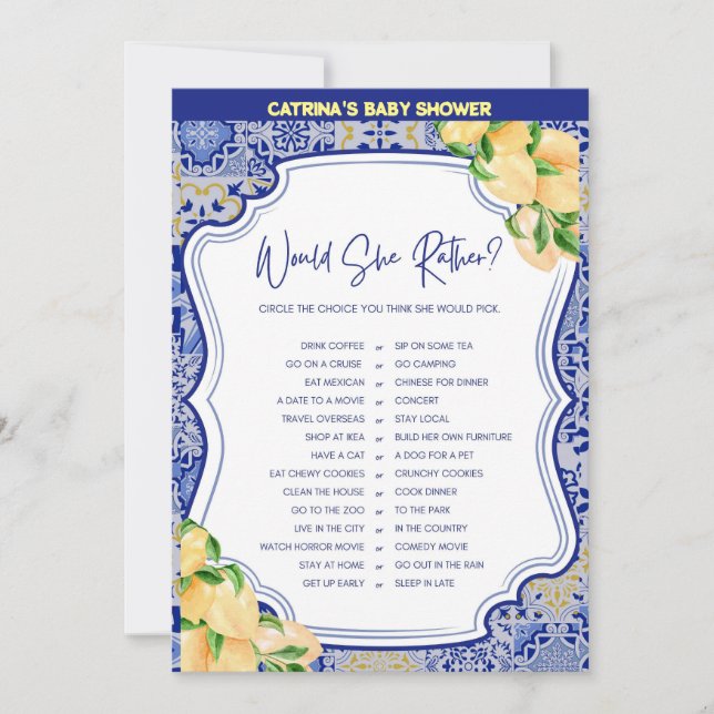 Lemon Blue Tiles Baby Shower - Editable Name, 5x7 Invitation (Front)