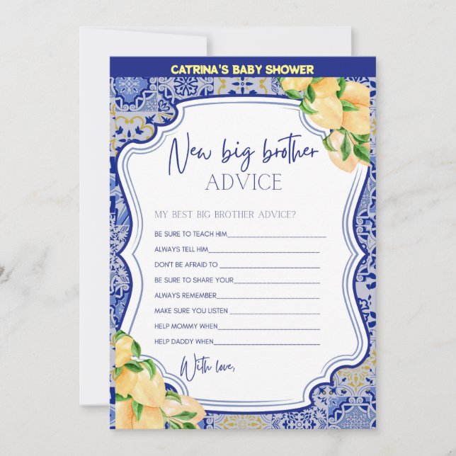 Lemon Blue Tiles Baby Shower - Editable Name, 5x7 Invitation (Front)