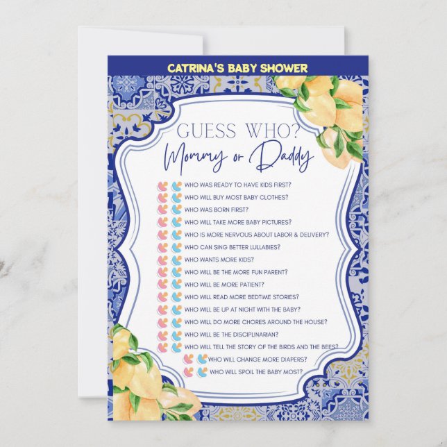 Lemon Blue Tiles Baby Shower - Editable Name, 5x7 Invitation (Front)