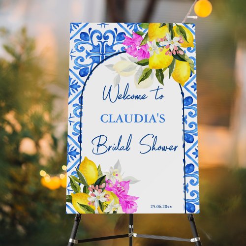 Lemon Blue tiles bridal shower welcome sign