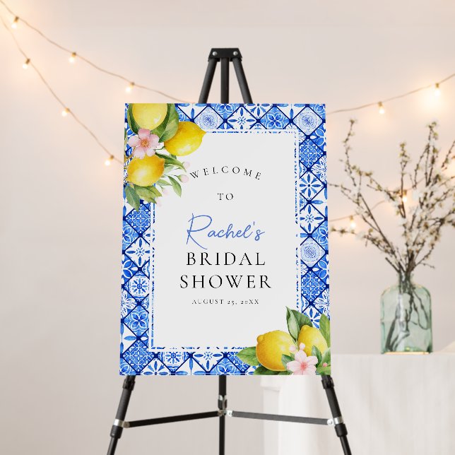Lemon Blue Tiles Floral Bridal Shower Welcome Foam Board (In Situ (Stand))