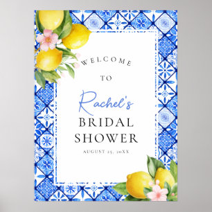 Lemon Blue Tiles Floral Bridal Shower Welcome Poster