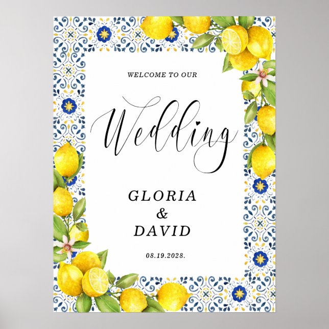 Lemon Blue Tiles Welcome Wedding Poster (Front)