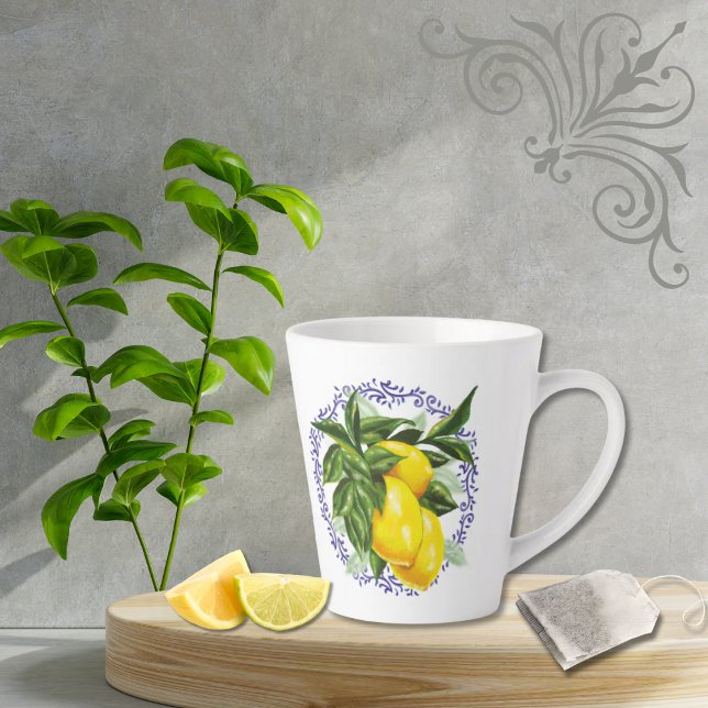 Lemon & Blue Toile Filigree Country French Kitchen Latte Mug (Creator Uploaded)