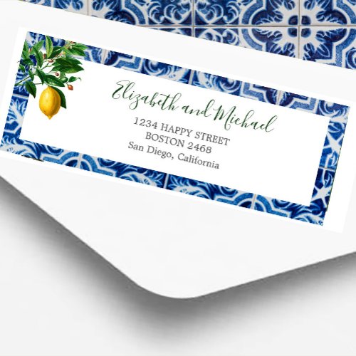 Lemon Blue White Tile Elegant Modern Chic Wedding Label