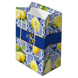 Lemon Blue White Tile Pattern Name Monogram Citrus Medium Gift Bag