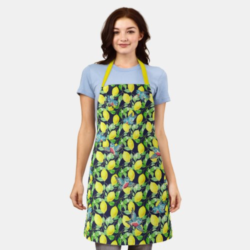 Lemon  Bluebird Vintage Pattern Navy Blue Yellow Apron