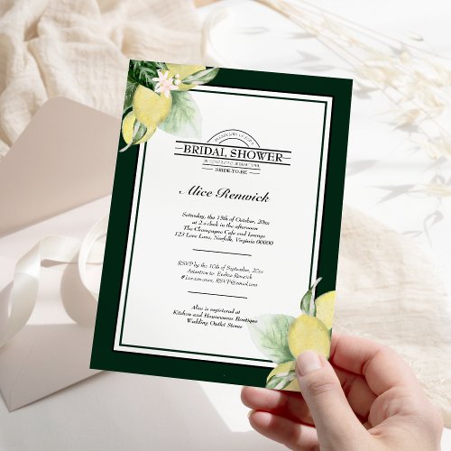 Lemon Border Emerald Green Bridal Shower Invitation