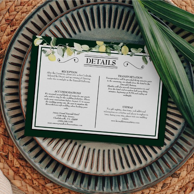 Lemon Border Emerald Green Wedding Details Enclosure Card (Creator Uploaded)