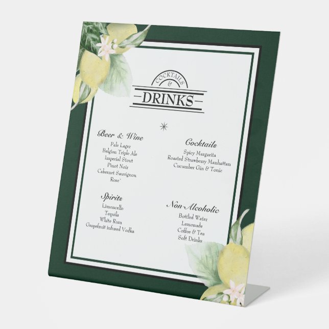 Lemon Border Emerald Green Wedding Drinks Menu Pedestal Sign (Front)