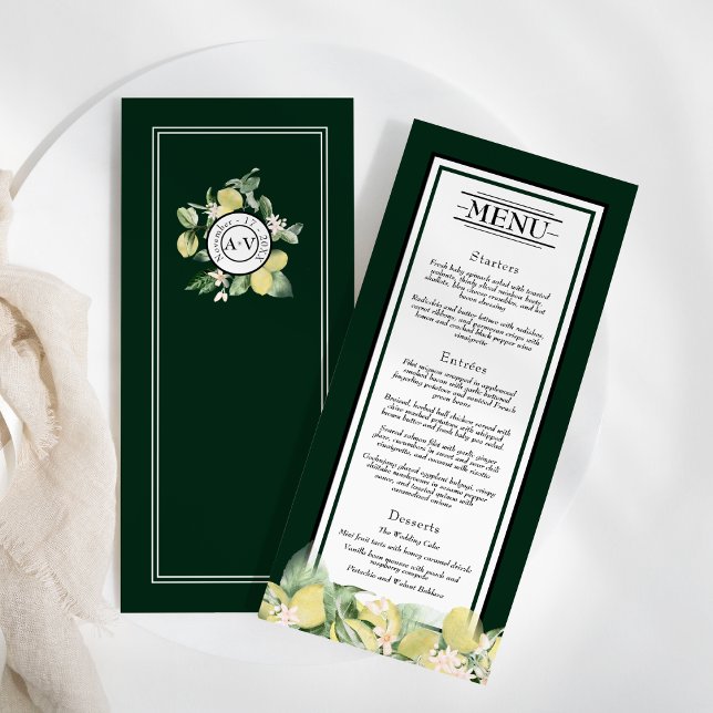 Lemon Border Emerald Green Wedding Flat Menu (Creator Uploaded)