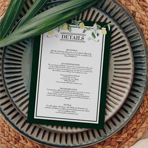 Lemon Border Floral Emerald Green Wedding Details Enclosure Card